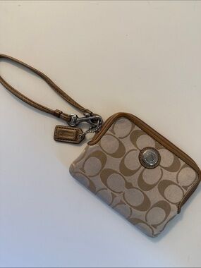 Vintage Coach Beige/Tan Signature Wristlet with Leather Trim
